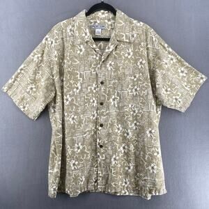 Vintage Pacific Scene Neutral Tan Floral Hawaiian Button Down Shirt Mens XL